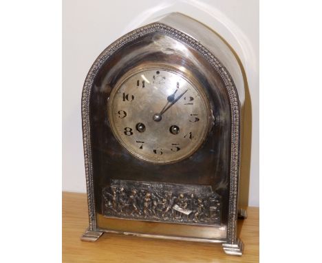 A EP cased Japy Freres mantel clock with gong striking eight day movement , 10.5” high – dial rubbed.