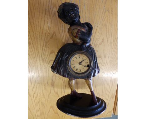 A 19thC American black painted cast iron mantel clock in the form of a female figure.