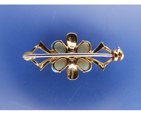 An opal &amp; diamond flowerhead bar brooch in 18ct gold, 1.2”.