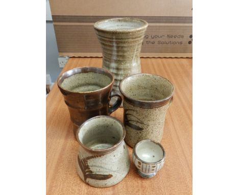 Two Leach Pottery 'cups', two others and a Peter Curtis vase. (5)