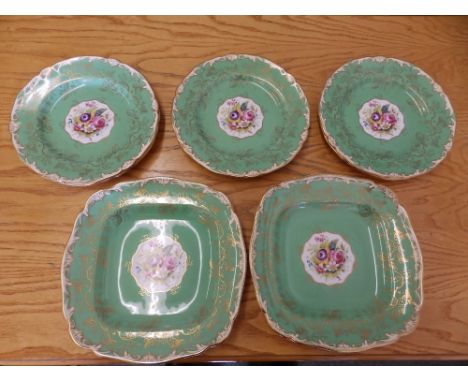Eight green ground Royal Worcester plates decorated flowers to centre – 'Mona'.