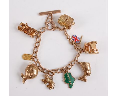 A 9ct yellow gold curb link charm bracelet, the charms to include an opening treasure chest, a Union flag, a carriage, a bust