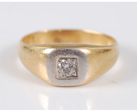 A yellow and white metal square signet ring, inset with a round brilliant cut diamond, diamond dimensions approx 3.75 x 2.2mm
