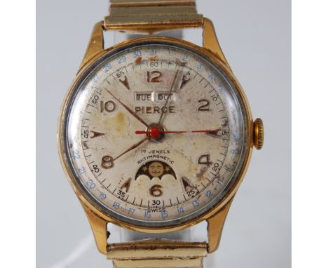A stainless steel Pierce Gents manual wind wristwatch, with a discoloured round silver semi-Arabic dial with day and month ap