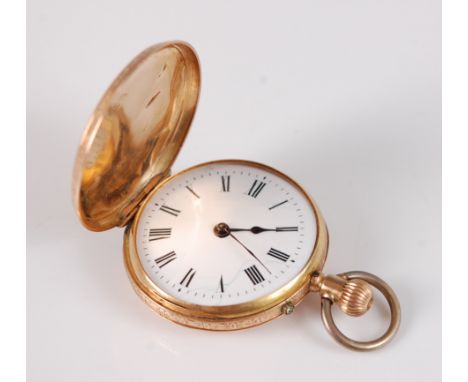 A continental lady's 14ct gold cased full hunter fob watch, havng finely engraved case, white enamel dial (with hairlines) an