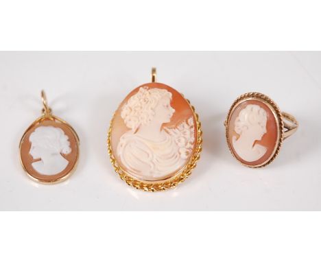 A 9ct gold carved shell cameo ring, size L; together with a carved shell cameo brooch depicting profile portrait of a maiden,