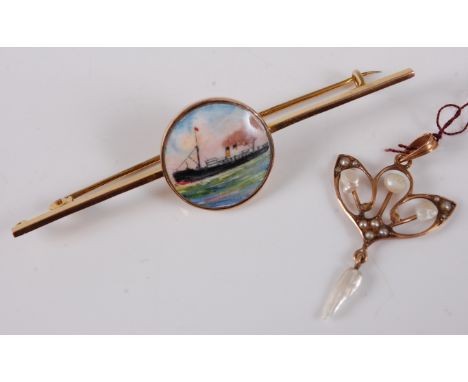 A 9ct gold safety pin bar brooch, set with an enamel plaque depicting steam ship, gross weight 5.2g, 66mm; together with an A