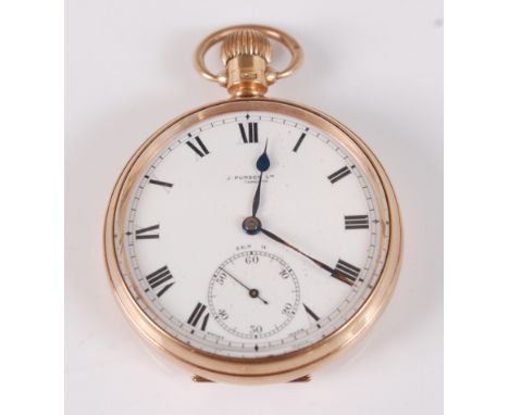 A George V gent's 9ct gold cased open faced pocket watch, having a white enamel dial with subsidiary seconds dial, signed by 