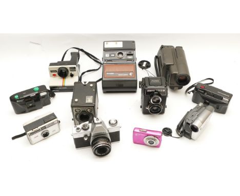 A collection of cameras and camera accessories, to include, Praktica DPix 1027, Kodak EK300 Instant Camera, Sony Handycam wit