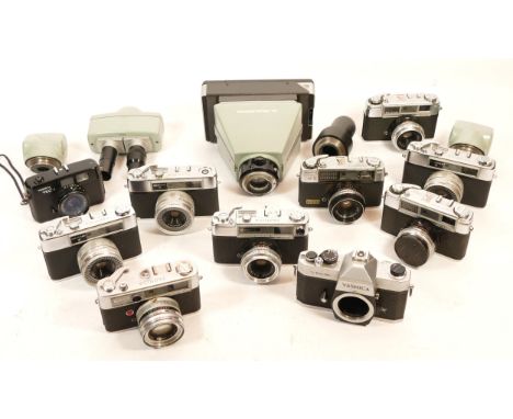 A collection of cameras, primarily Yashica, to include a Minister-D, a Lynx 5000, and an ME1, together with six other cameras