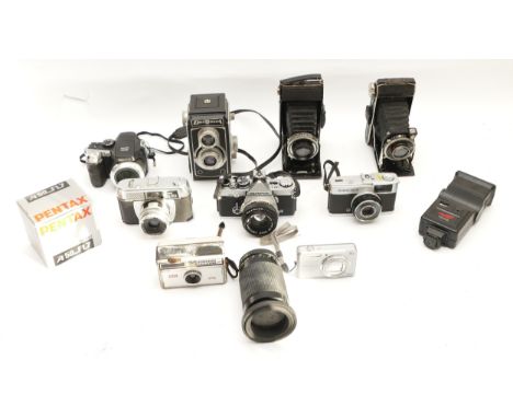 A collection of cameras and camera accessories, to include, Halina Paulette, DelMonta TLR, Olympus OM-2N, Pentax f/1.7 50mm l