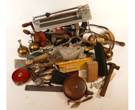 A mixed collection of tools including rolykit and boxed Einhell sander. (2 boxes)
