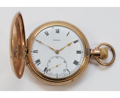 Prima, a gold plated keyless wind hunter pocket watch.Working when catalogued, case worn