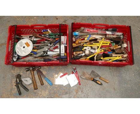 A set of two red crates with quality mixed tools, including decorating equipment, Wiss tin snips and Eclipse wire strippers.