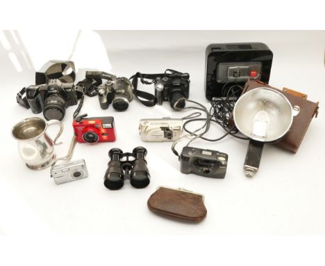 A collection of cameras and camera accessories, to include, Olympus D-380, Ricoh FF9, Kodak EasyShare G610, Canon PowerShot S