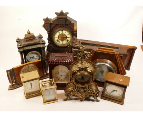 A collection of mid twentieth-century and later mantel clocks, wall clocks and barometers, to include, a Looping alarm clock,