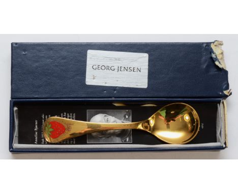 Annelise Bjorner for Georg Jensen, a silver gilt and enamel 2001 year spoon, 14.5cm, 44gm, case