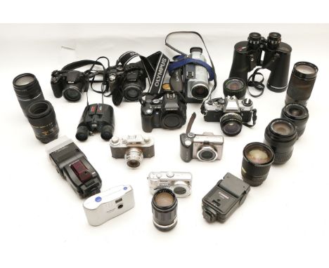 A collection of cameras and camera accessories, to include, Canon PowerShot A650 IS, Olympus OM10, Panasonic Lumix DMC-TZ20 w