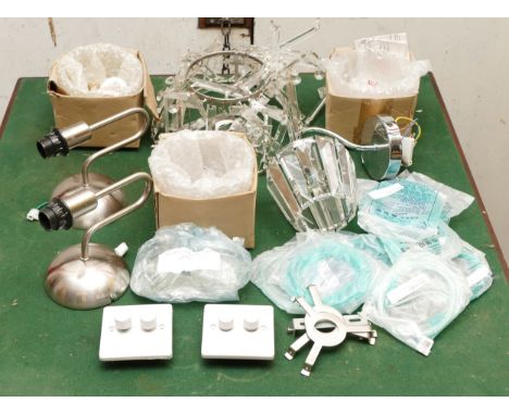 Three glass light shades with bulbs, contemporary glass ceiling light, three chrome wall lights, two dimmer switchers, also a