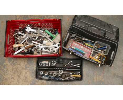 A B&amp;Q plastic tool box and a red crate of mixed tools, including threading equipment, paint brushes and Britool spanners.