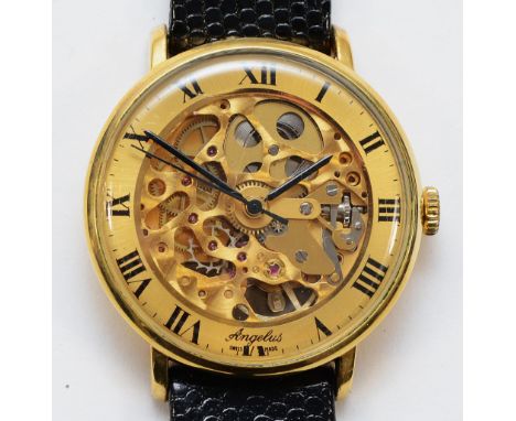 Angelus, a gold plated manual wind skeleton gentleman's wristwatch, 33mm.Working when catalogued