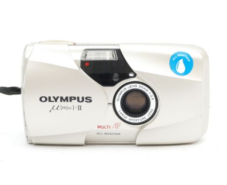 An Olympus Mju II 35mm compact camera, cased with wrist strap, serial no. 7294452.