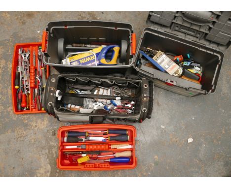A B&amp;Q rolling plastic tool box, and a Black and Decker tool caddy, full of tools, including Irwin chisels and Bahco adjus