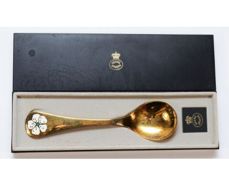 Georg Jensen, a 1971 silver gilt and enamel year spoon, 47gm, 15cm, case