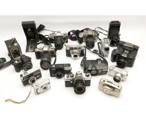 A collection of cameras and camera accessories, to include, Olympus OM101, Olympus SP-560UZ, Kodak Retinette IB, Pentax MZ-3,