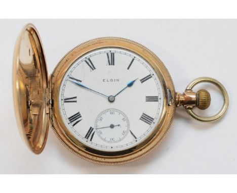 Elgin, a gold plated keyless wind hunter pocket watch, 7 jewel movement.Not working, fully wound, balance spins