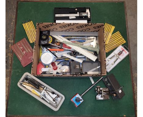 One box of measuring and marking tools, including micrometers and vernier calipers.