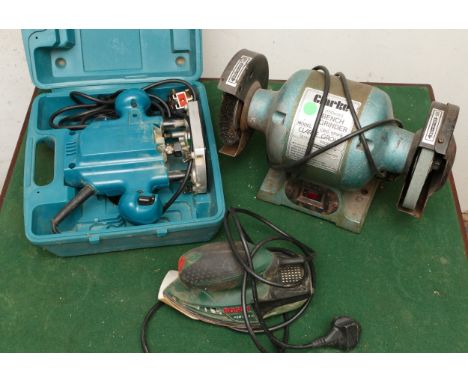 A collection of mains 240v power tools, including a boxed Makita router 3620, Bosch sander and a Clarke 150mm bench grinder.