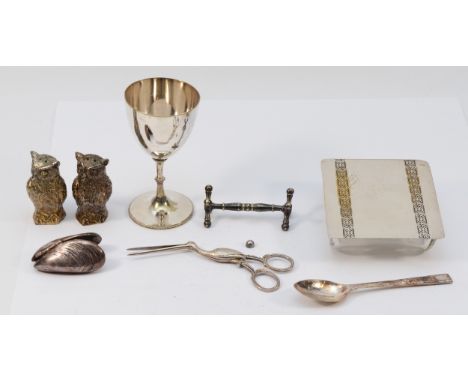An EPNS owl salt and pepper, 7cm, a muscle clamp and other plated wares