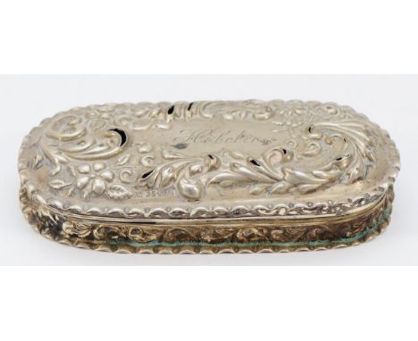 An oval embossed silver trinket box, Chester 1899, 9 x 4.5 x 2cm, 55gm, holes