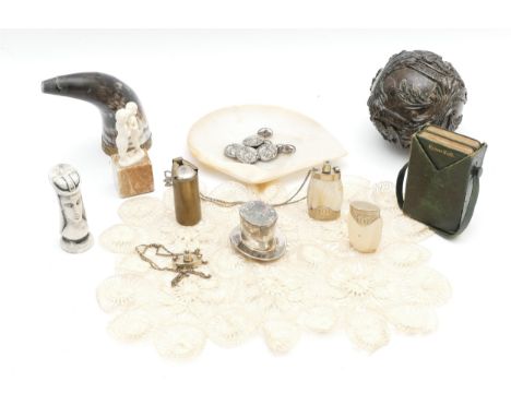Thirteen collectables pieces, to include, an ornately carved coconut, a Mother of Pearl trinket dish, a drinking horn, and a 