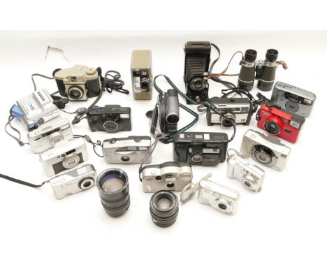 A collection of cameras and camera accessories, to include, Canon Sureshot Classic 120, Panasonic Lumix DMC-F5, Hanimar f/2.8