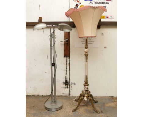 Two floor lamps to include an onyx and bronzed stand with shade, also a contemporary two reading lamp steel extendable stand.