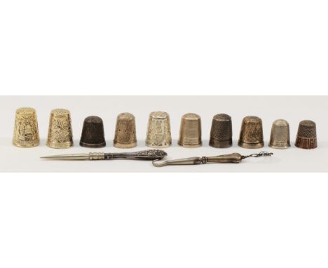 Ten various silver thimbles, together with a silver button loop and an unmarked awl tool, 53gm (12).