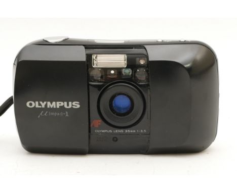 An Olympus Mju I 35mm compact camera, cased with wrist strap, serial no. 8574174.