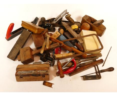 Two boxes of mixed carpenters tools, that also include moulding planes and a morticle gauge.