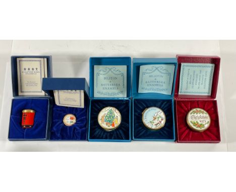 Halcyon Days Ltd London; comprising five enamelled trinket boxes, all boxed with paperwork.