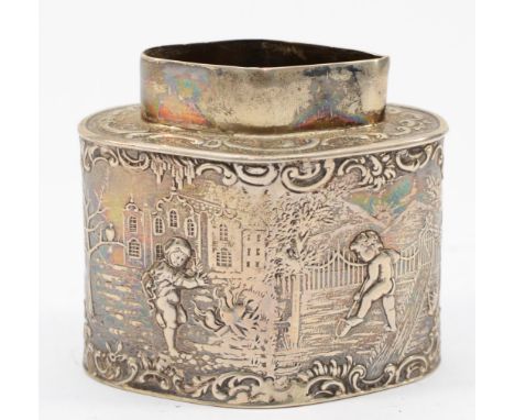 An Edwardian silver tea caddy, Hanau pseudo marks, London import, 1903, lacking lid, 7 x 4.5cm, 76gm