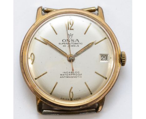 ONSA, a gold plated automatic date gentleman's watch head, 33mm.Working when catalogued