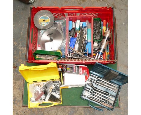 A large collection of power tool accessories, comprising mainly of drill bits, together with sanding discs, breaker tools and