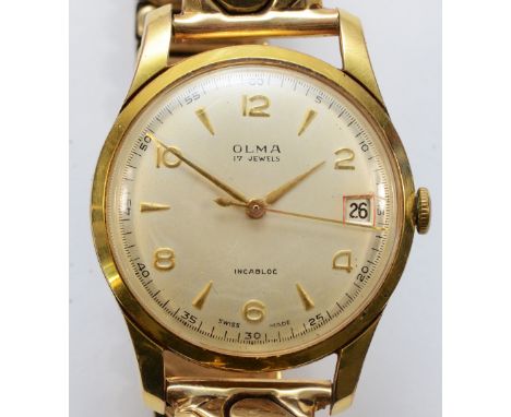 OLMA, a gold plated manual wind date gentleman's wristwatch, 32mm.Working when catalogued