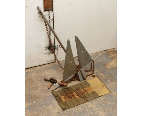a steel boat anchor with chain, anchor length 93cm, a vintage brace drill, also a collection of auger drill bits.