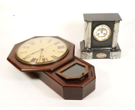 Two early to mid-twentieth century clocks, to include and a slate and marble example, striking on bell, with an enamelled dia