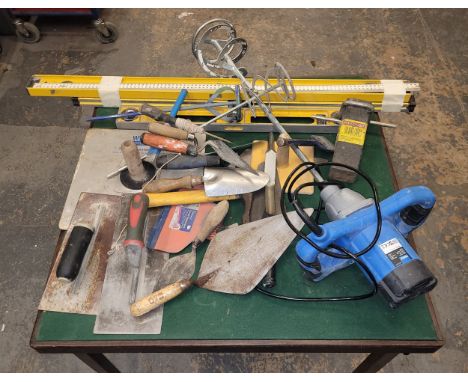 A collection of builders tools, in blue plastic bin together with Draper paddle mixer (240V), two large spirit levels and a o