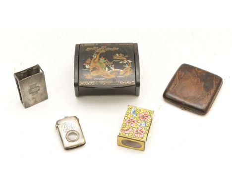 An Edwardian silver plated novelty vesta case, having inset dice, together with oriental matchbox holders, a cigarette case a