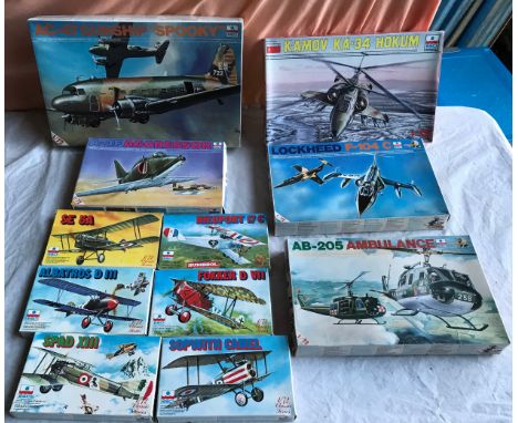 ESCI model kit aircraft selection of 11 various models, military 1/72 scale 9012 AC-47 Gunship Spooky, 9003 A-4F Aggressor, 9